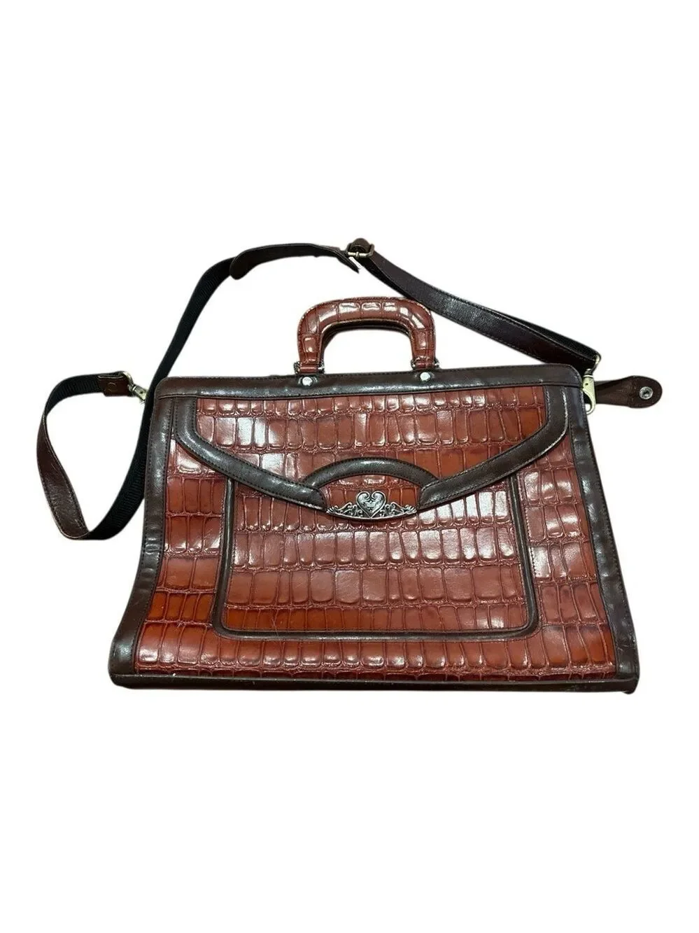 90s MARC CHANTEL BROWN CROCODILE-EMBOSSED & LEATHER TRIM CASE EMBOSSED HARDWARE